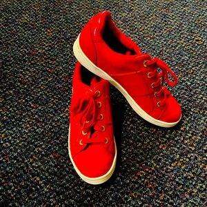 Aldo Red Canvas And Patent Leather Sneakers With Gold Accents Size 8.5